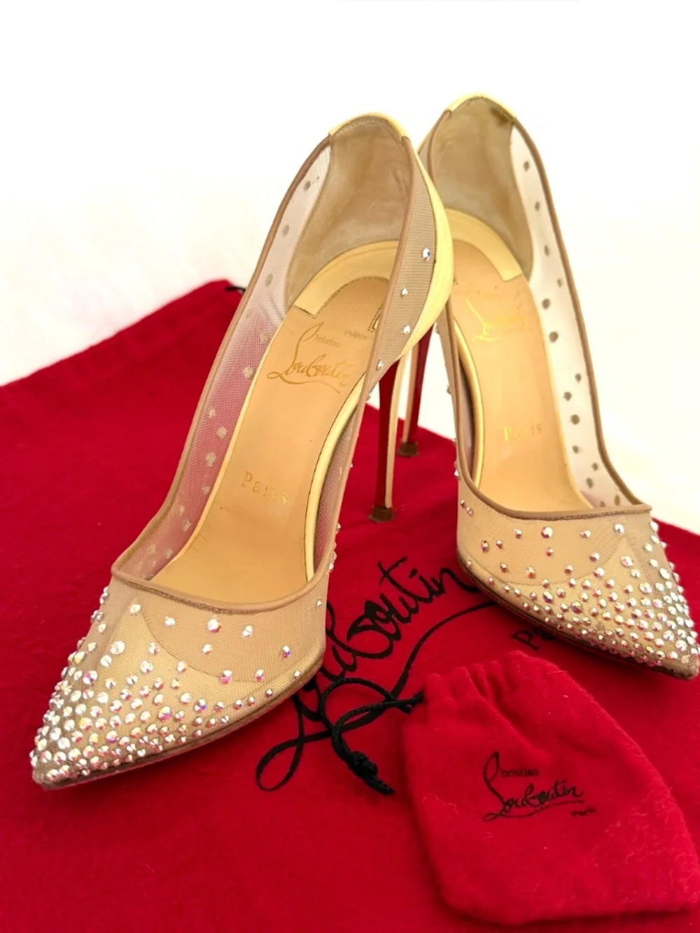 CHRISTIAN LOUBOUTIN Mesh Jeweled Pointed Toe Pumps Ivory Size 36